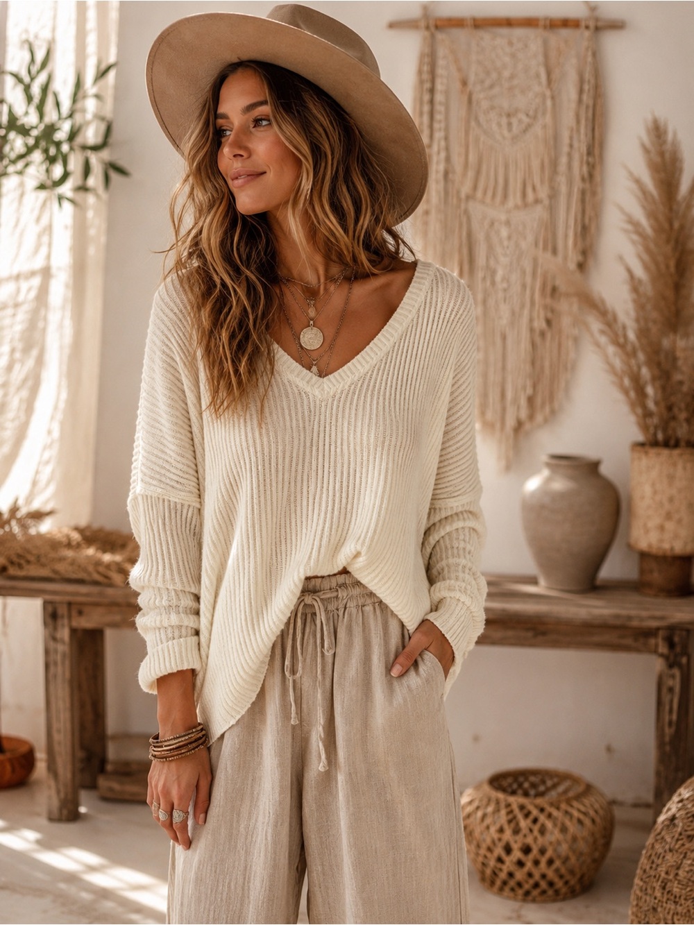 Wild Fable Cream‎ Ribbed V-Neck Sweater – Size Medium